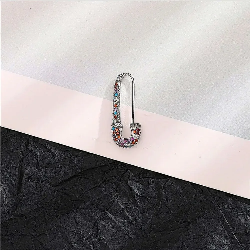 Silver Multicolor Rhinestone Safety-pin Earring, Minimalist, Punk